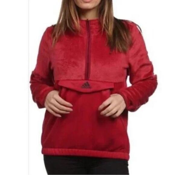 Adidas Red Fleece Sweater Pullover 1/2 Zip Front Zipper Pocket Women Size Large - Picture 1 of 7
